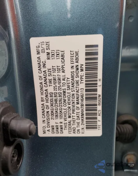 2015 Honda Cr-V Exl from USA, damaged, VIN 2HKRM4H78FH646113